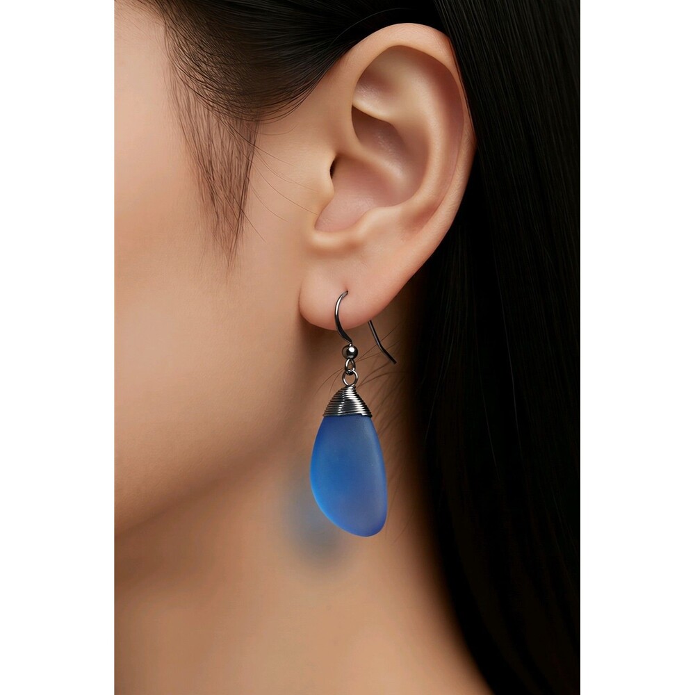 Blue Sea Glass Fishhook Earrings Approximately 1" Stone